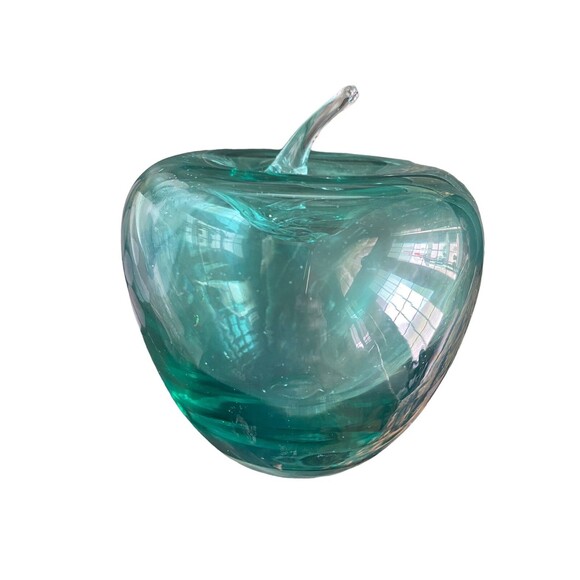 Large Hand Blown Art Glass Apple Green Paperweight Teacher Gift Hollow - Picture 3 of 6